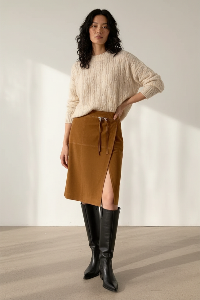 Jupe Crayon Daim Marron Chic Fente Latérale