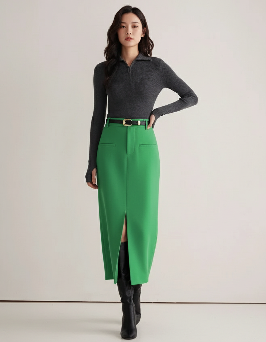 Jupe Crayon Verte Fendue Élégante