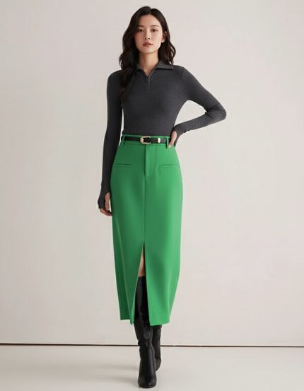 Jupe Crayon Verte Fendue Élégante