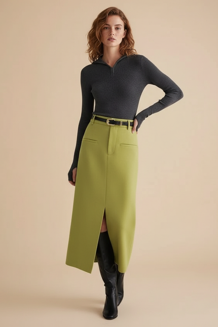 Jupe Crayon Vert Fente Chic