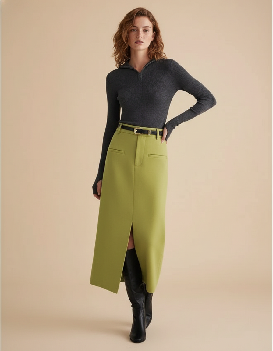 Jupe Crayon Vert Fente Chic