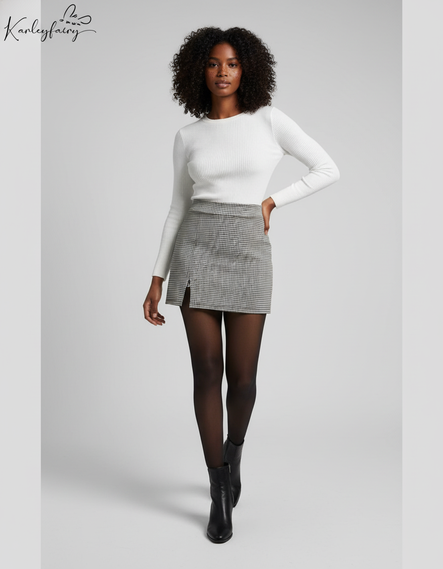 Jupe Crayon Pied-De-Poule Fendue Chic