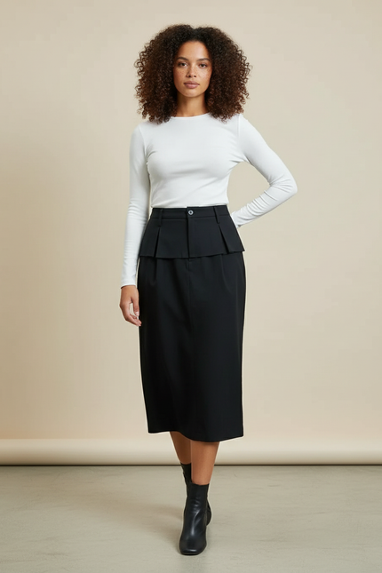 Jupe Crayon Noire Plissée Chic