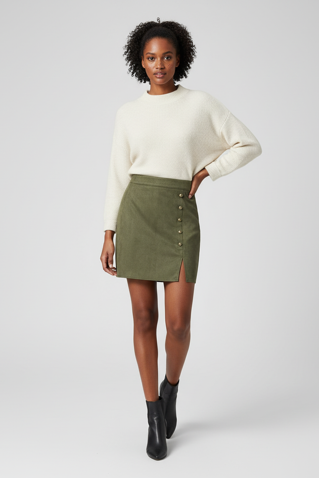 Jupe Crayon Faux Suède Vert Olive Chic
