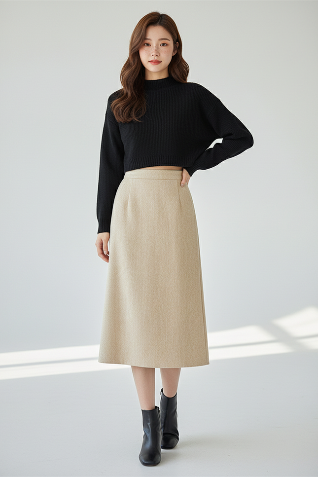 Jupe Crayon Beige Laine Élégante