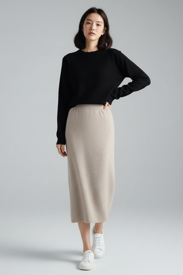 Jupe Crayon Beige Cachemire Décontractée
