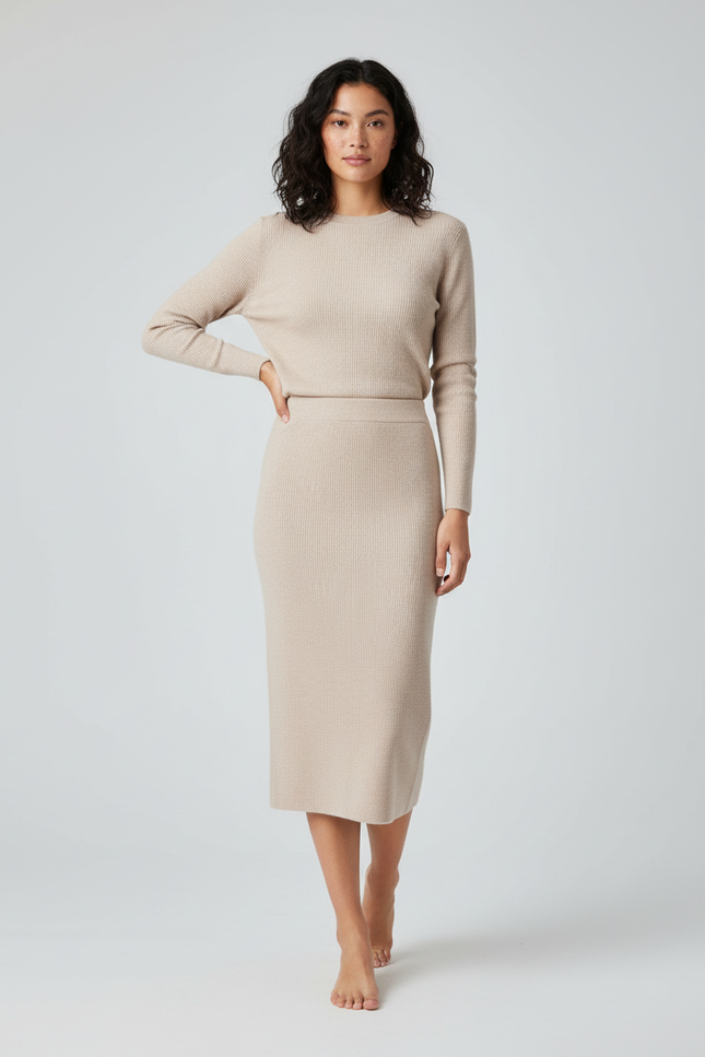 Jupe Crayon Beige Côtelée Élégante