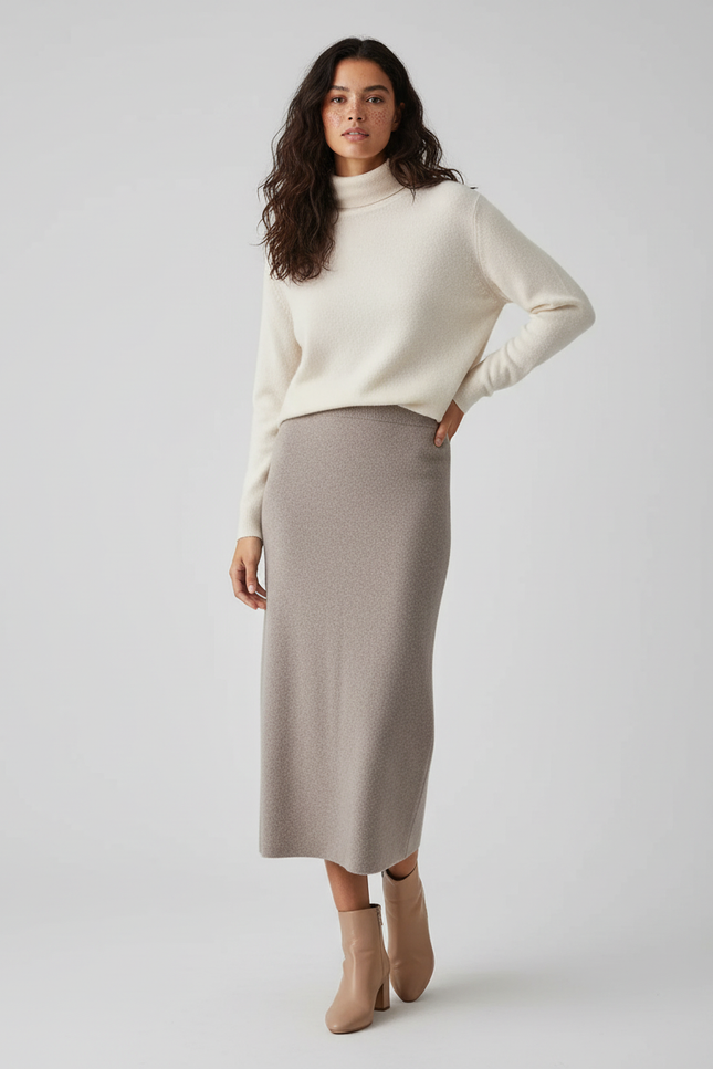 Jupe Crayon Maille Beige Élégante