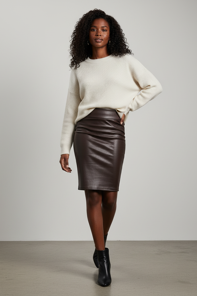 Jupe Crayon Simili Cuir Marron