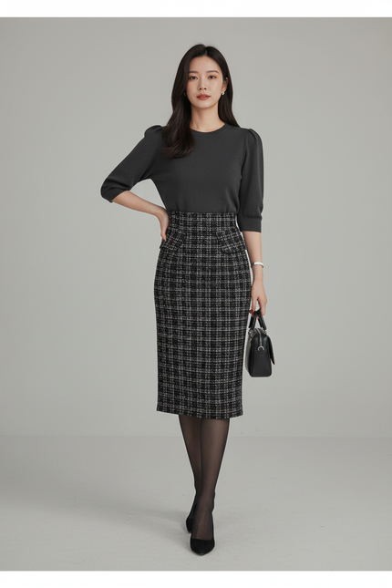 Jupe Crayon Plaid Laine Chic