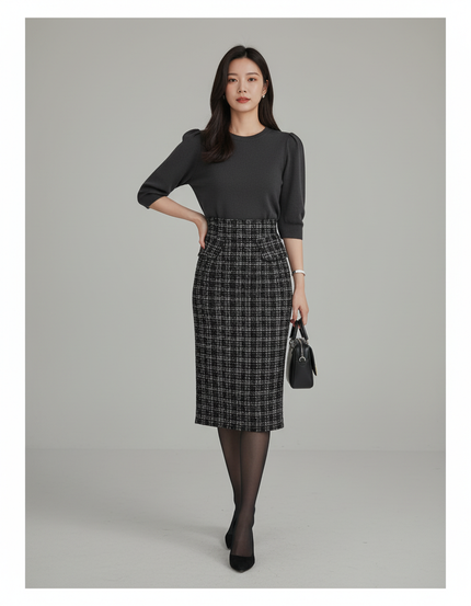 Jupe Crayon Plaid Laine Chic