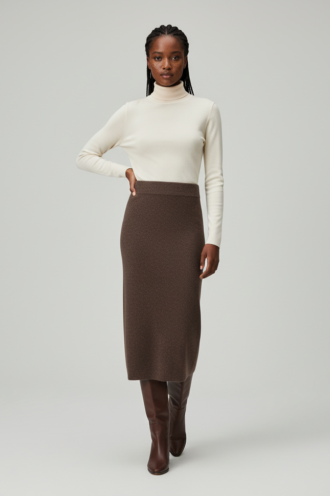 Jupe Crayon Laine Mérinos Marron Chic