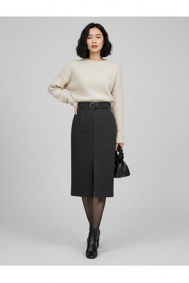 Jupe Crayon Laine Fendue Chic