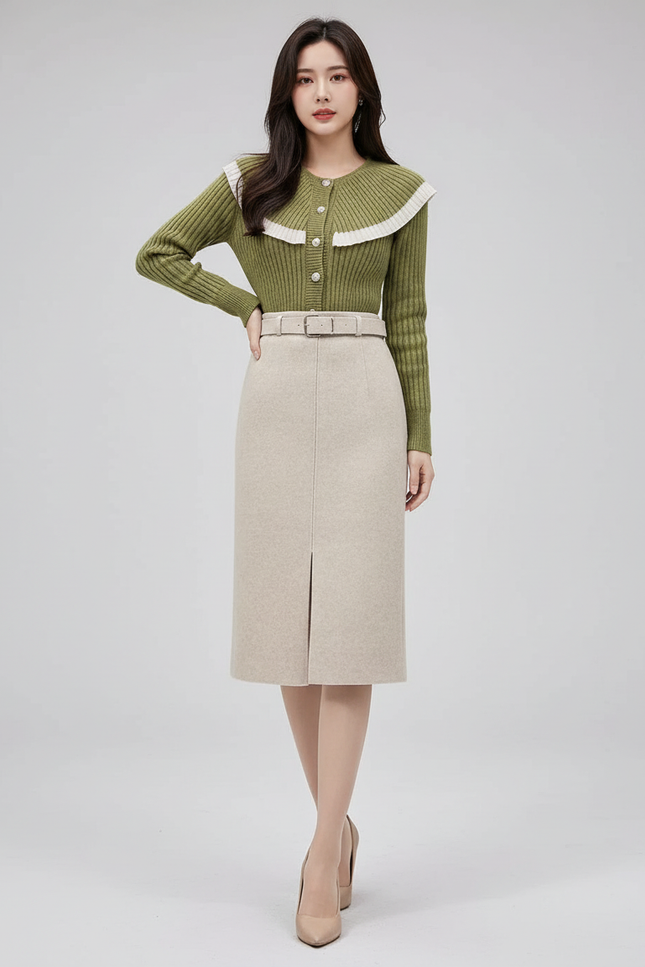 Jupe Crayon Laine Fendue Élégante