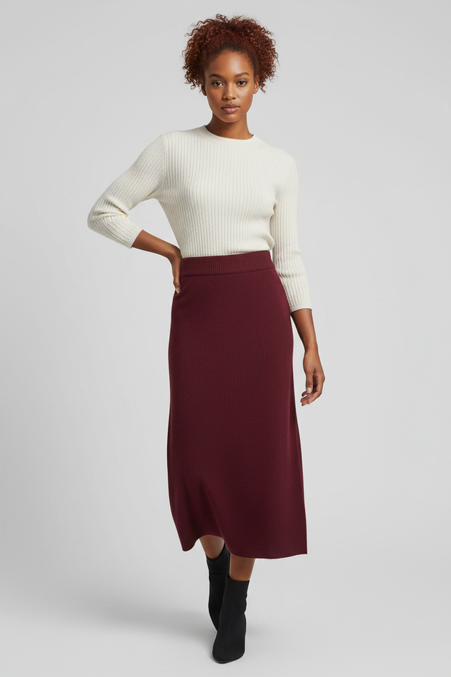 Jupe Crayon Bordeaux Maille Côtelée Élégante