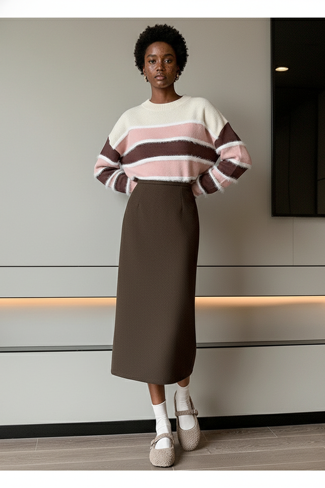 Jupe Crayon Taille Haute Marron Élégante