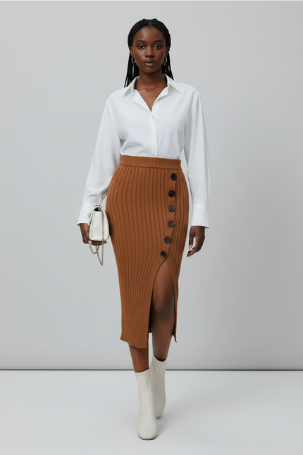 Jupe Crayon Côtelée Fente Boutonnée Chic