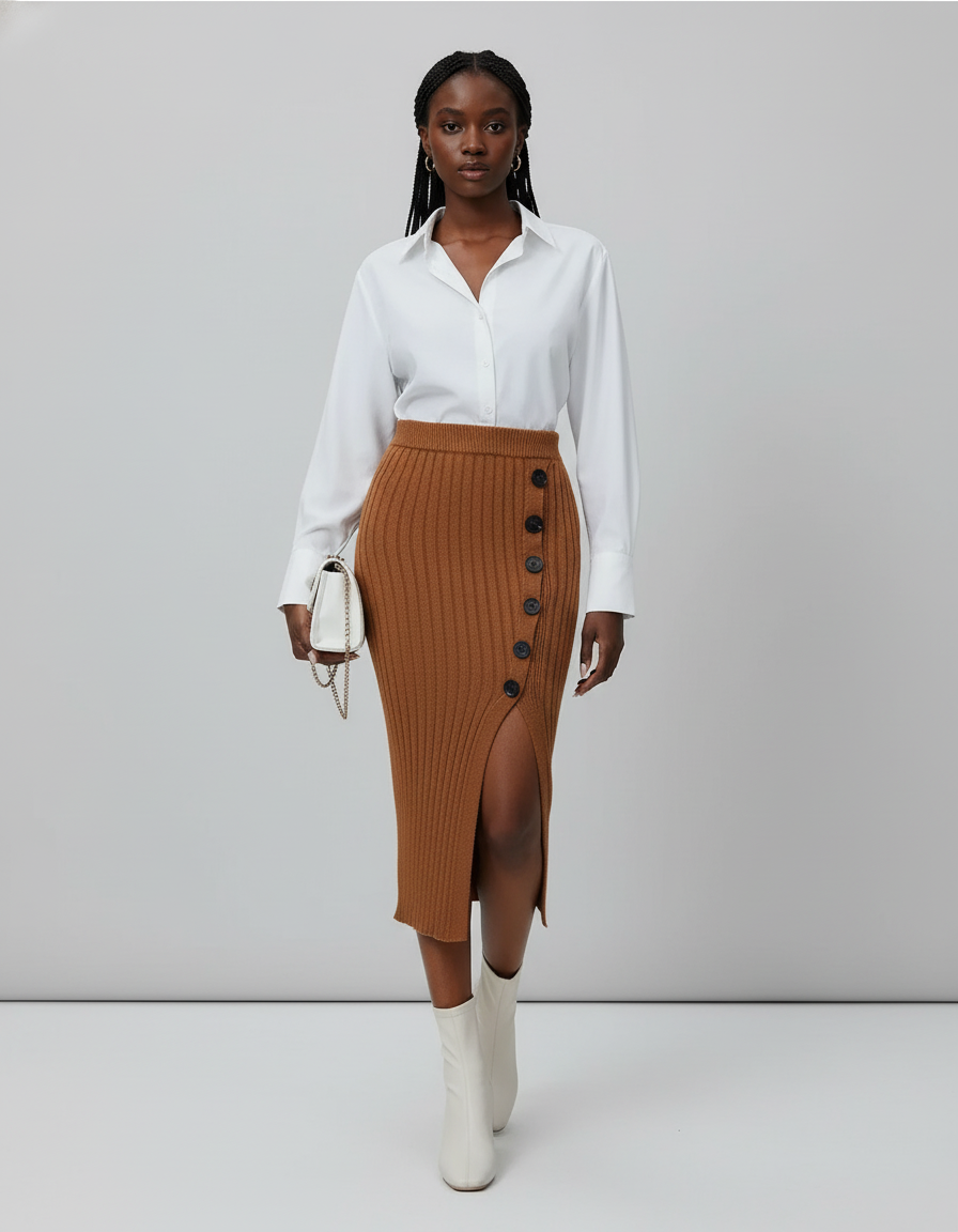 Jupe Crayon Côtelée Fente Boutonnée Chic