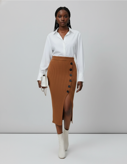 Jupe Crayon Côtelée Fente Boutonnée Chic