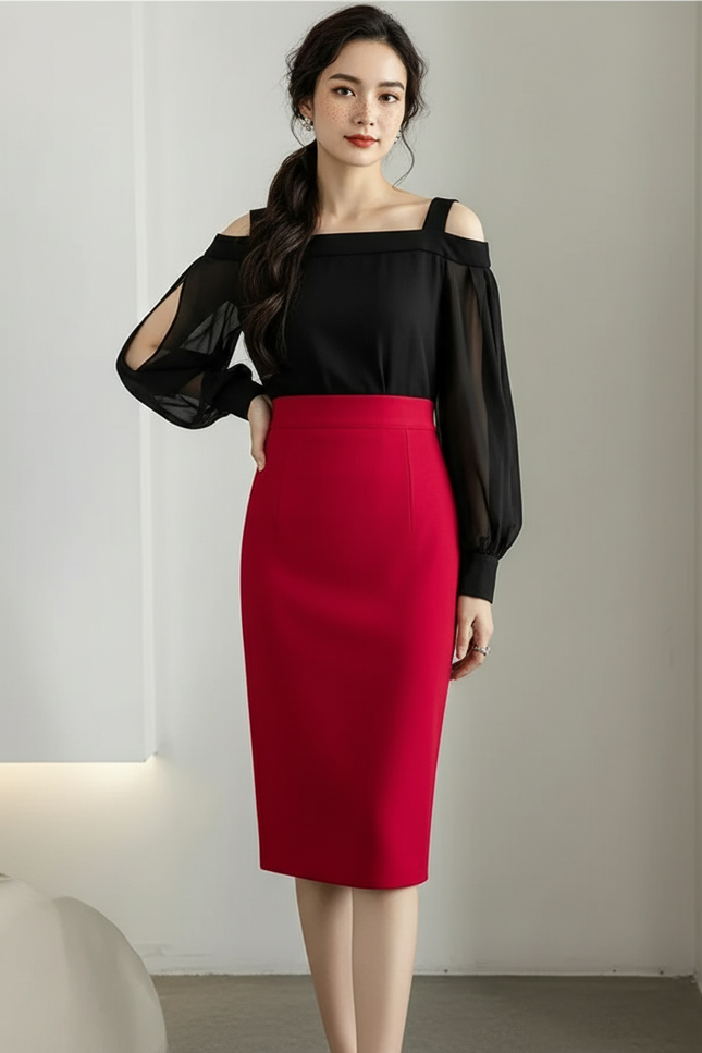 Jupe Crayon Rouge Stretch Élégante