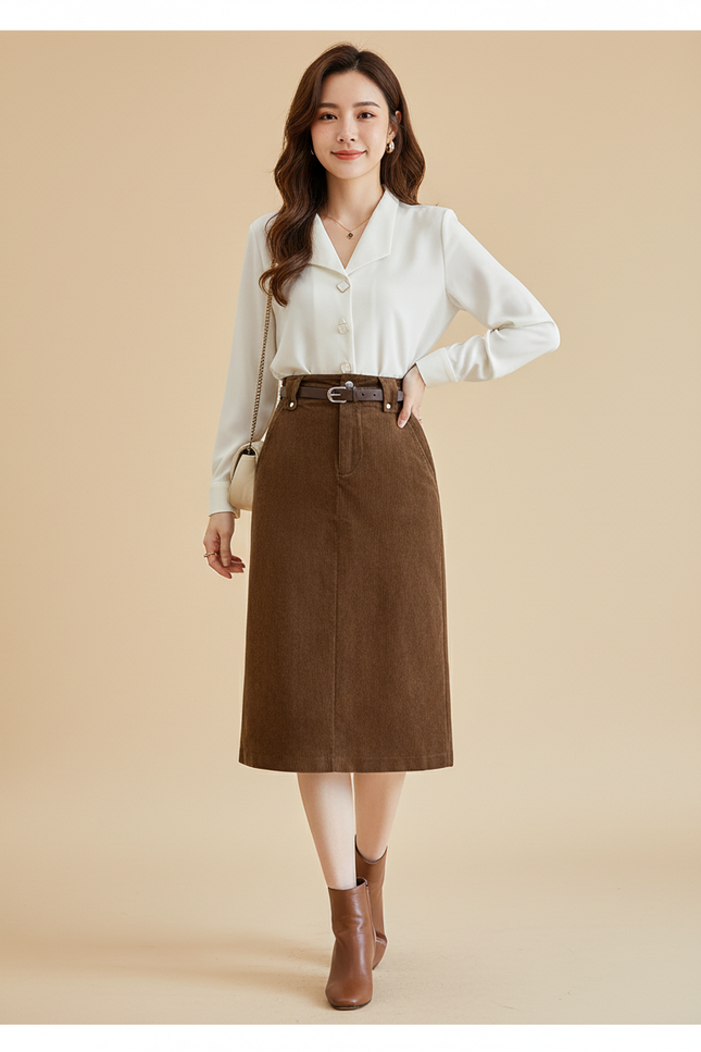 Jupe Crayon Velours Côtelé Marron Élégante