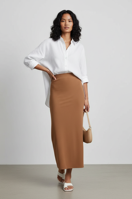 Jupe Crayon Côtelée Camel Chic