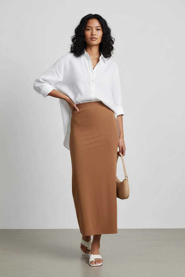 Jupe Crayon Côtelée Camel Chic