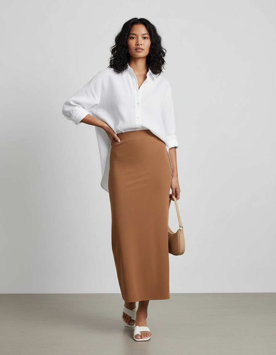 Jupe Crayon Côtelée Camel Chic