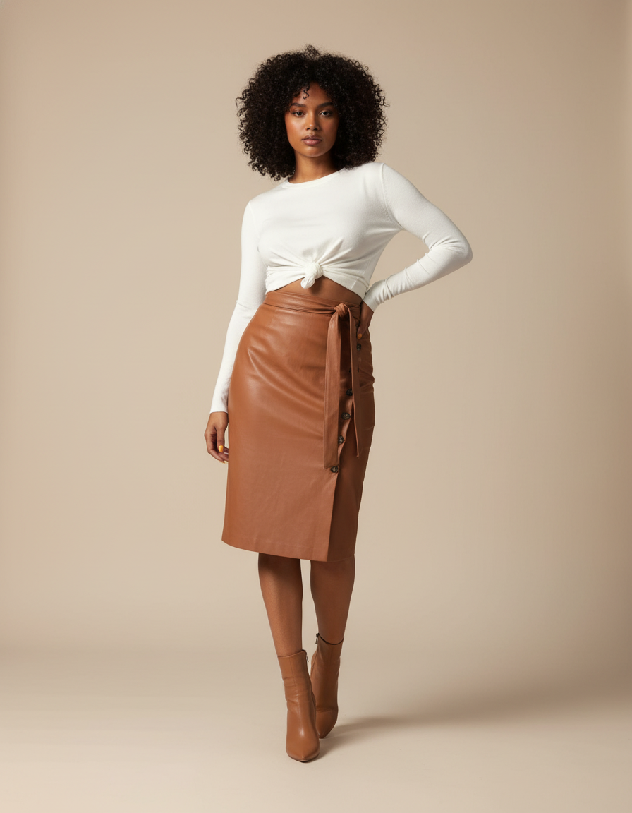 Jupe Crayon Simili Cuir Camel