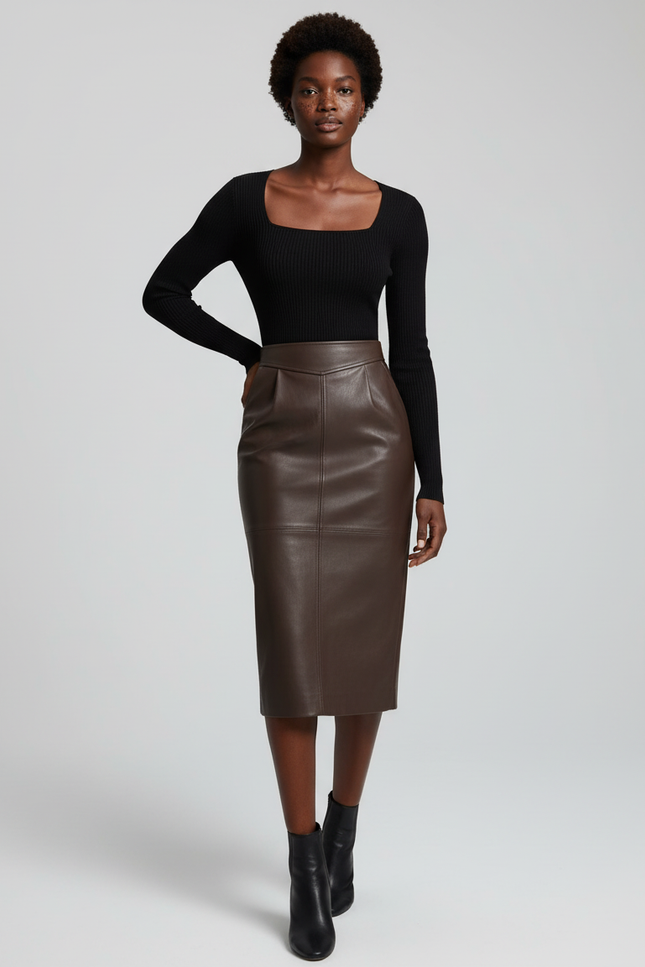 Jupe Crayon Marron Similicuir Chic