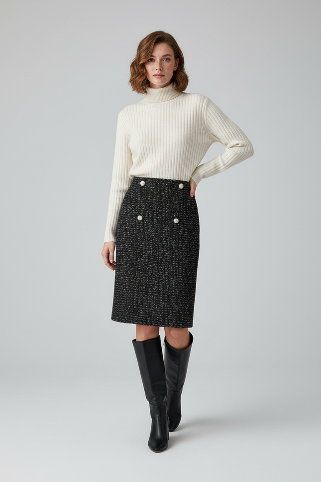 Jupe Crayon Tweed Boutons Chic