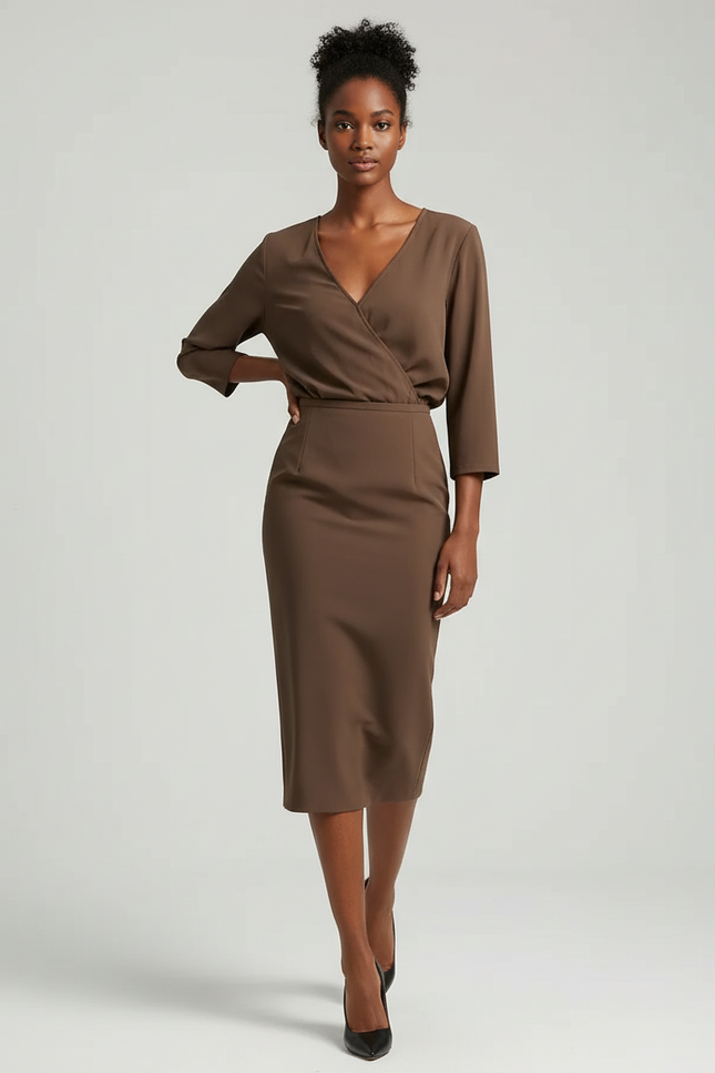 Jupe Crayon Taille Haute Marron Élégante