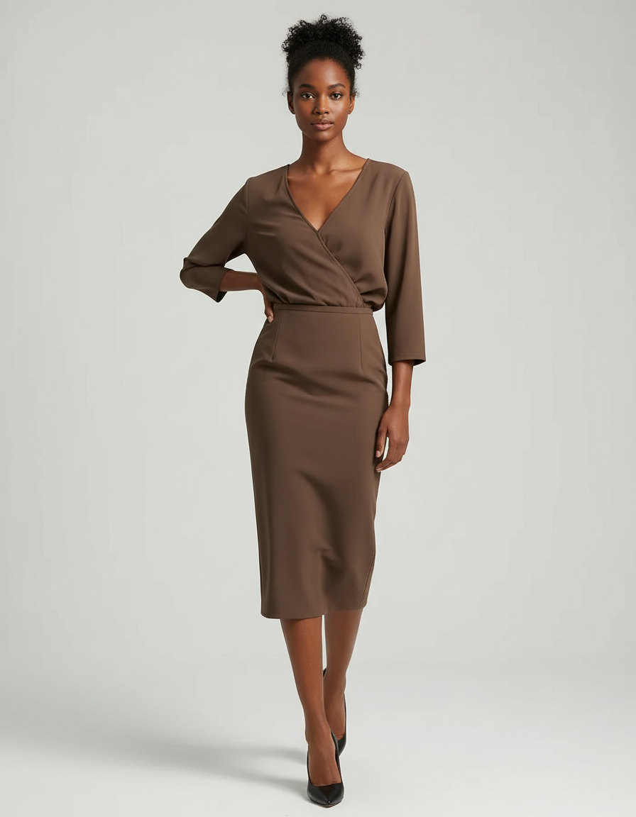 Jupe Crayon Taille Haute Marron Élégante