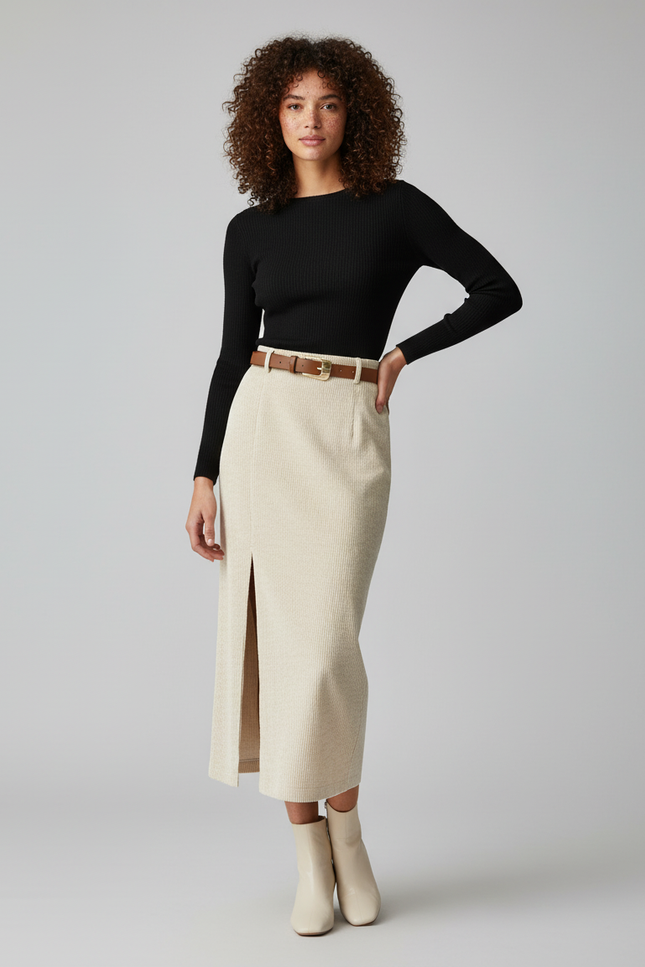 Jupe Crayon Côtelée Fente Chic