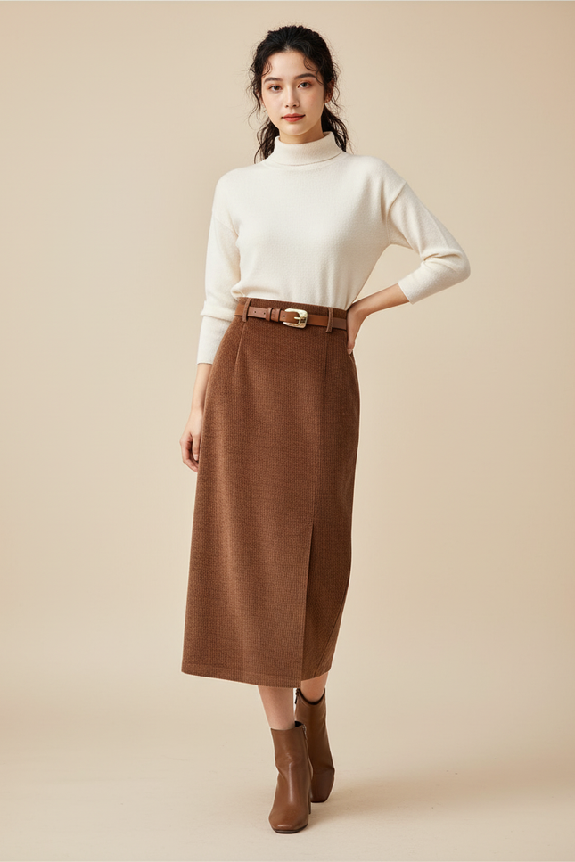 Jupe Crayon Côtelée Fendue Chic