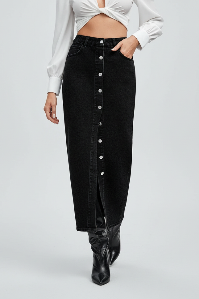 Jupe Crayon Noire Boutonnée Chic