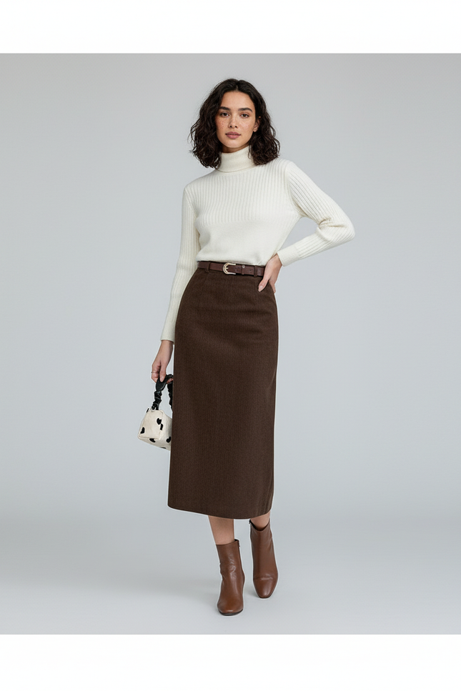 Jupe Crayon Marron Velours Côtelé Chic