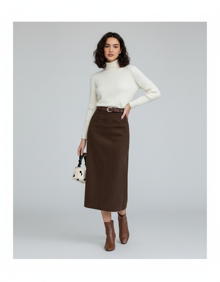 Jupe Crayon Marron Velours Côtelé Chic