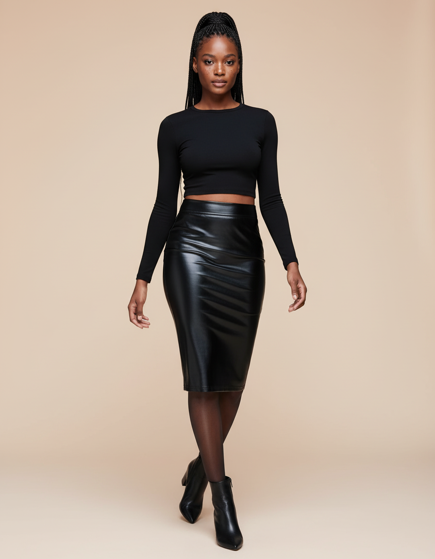 Jupe Crayon Noire Effet Cuir Chic