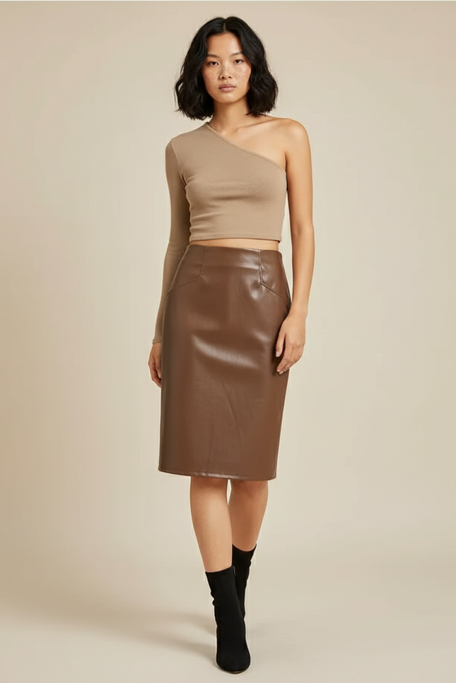Jupe Crayon Marron Simili Cuir Chic