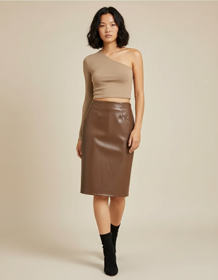 Jupe Crayon Marron Simili Cuir Chic