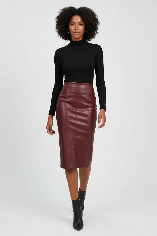 Jupe Crayon Bordeaux Similicuir Élégante