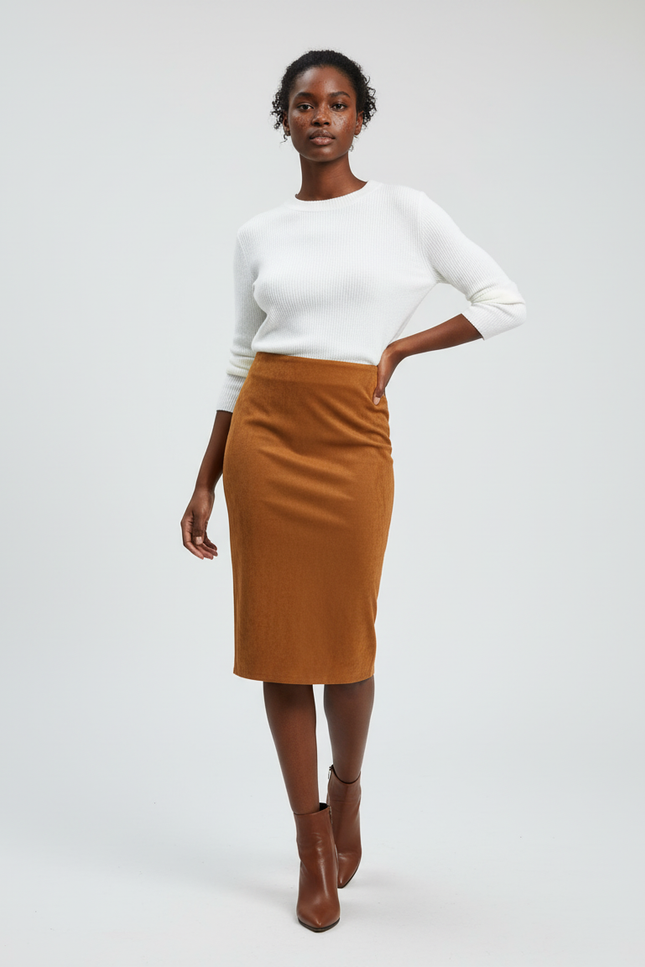 Jupe Crayon Daim Marron Élégante