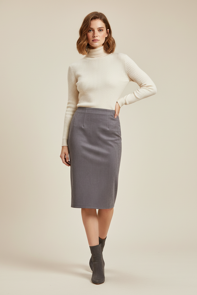 Jupe Crayon Gris Suédine Élégante
