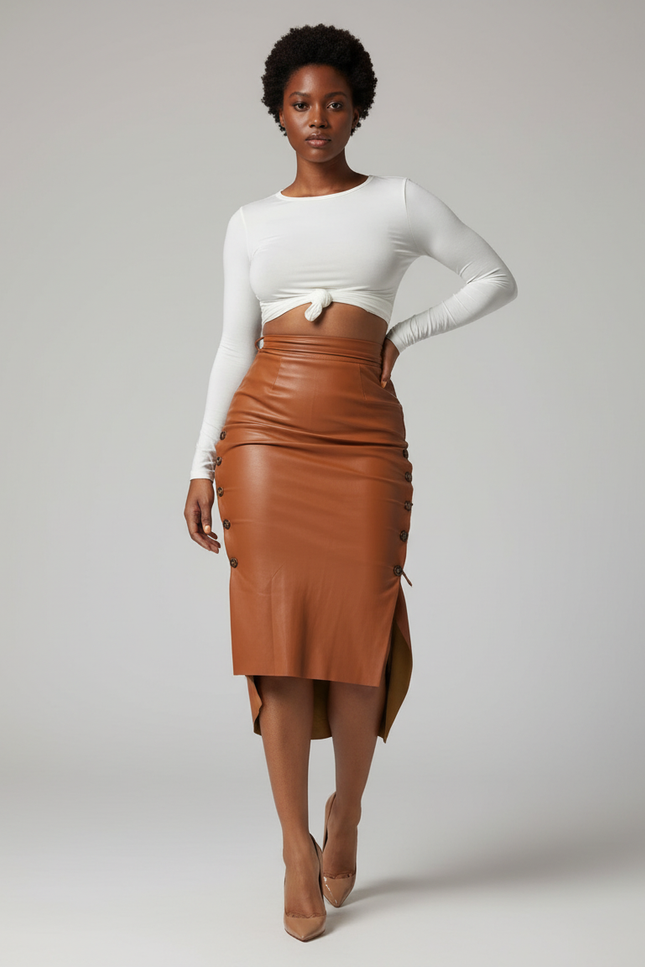 Jupe Crayon Camel Simili Cuir Chic