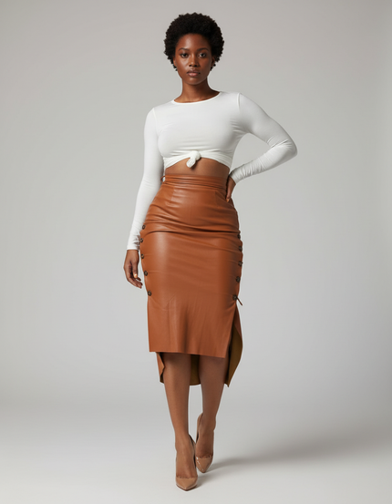 Jupe Crayon Camel Simili Cuir Chic