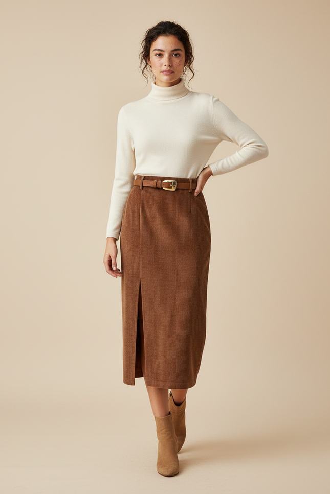 Jupe Crayon Velours Côtelé Fendue Chic