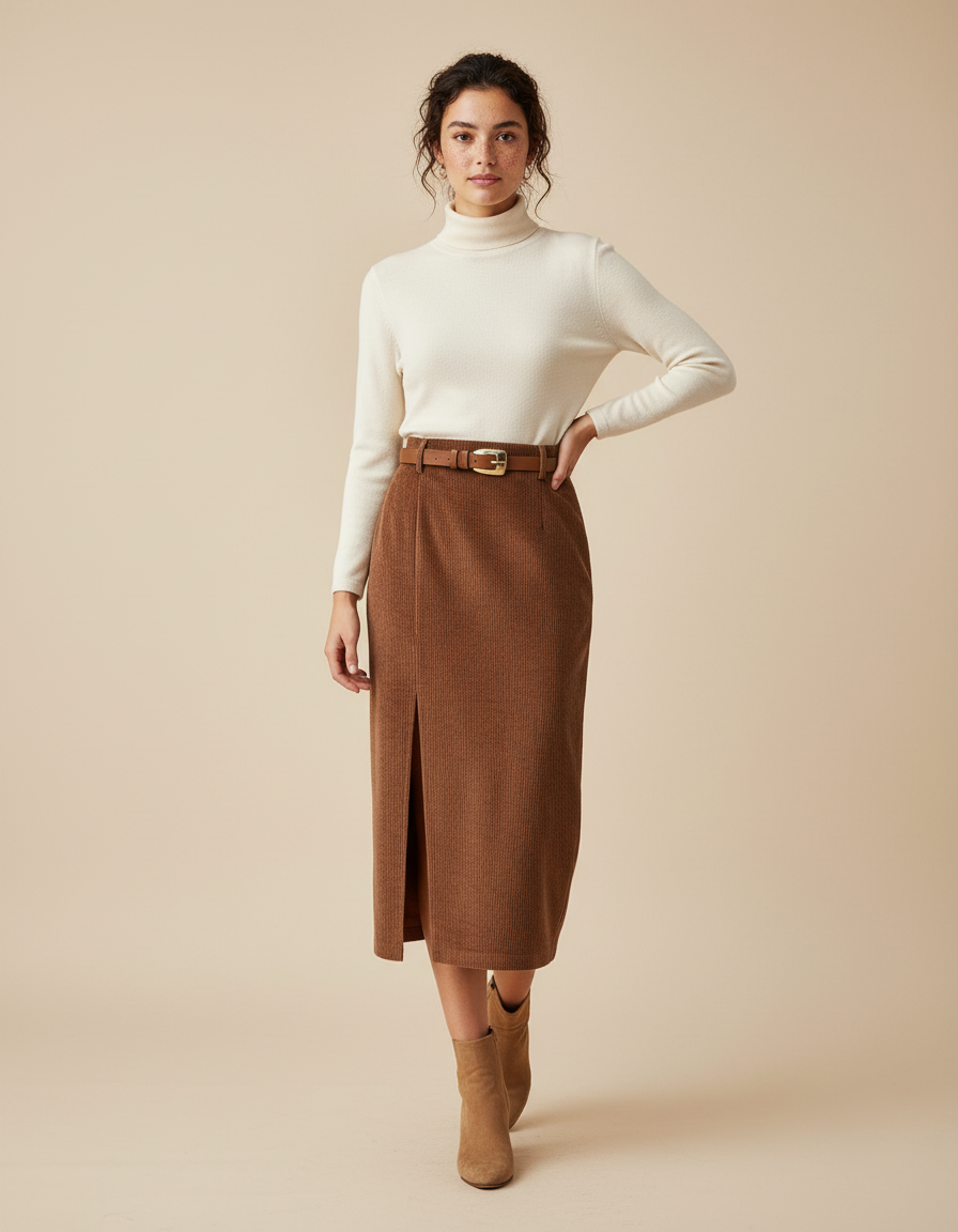 Jupe Crayon Velours Côtelé Fendue Chic