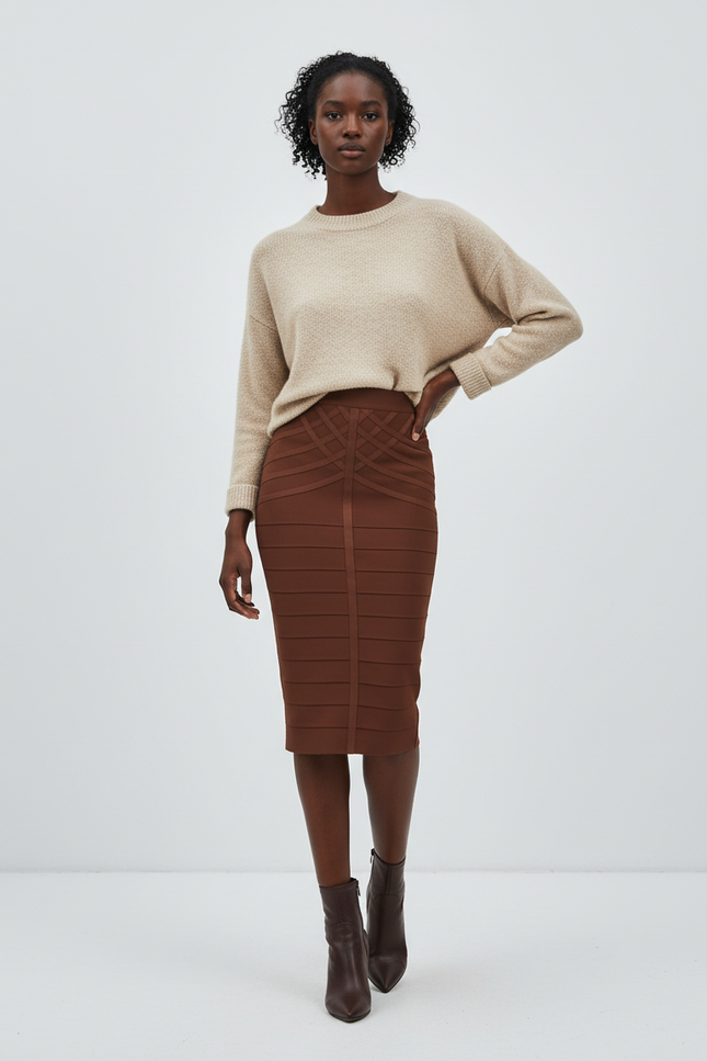 Jupe Crayon Marron À Bandes Élégante