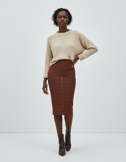 Jupe Crayon Marron À Bandes Élégante